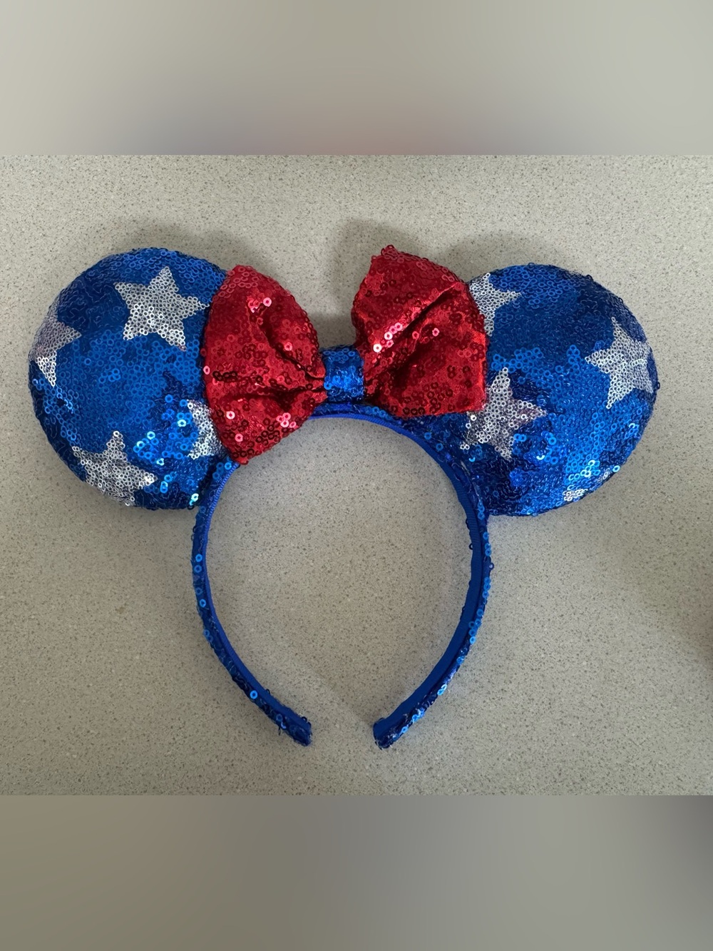 Disney Minnie Mouse Patriotic Sequin Ears Headband Blue Stars Red Bow